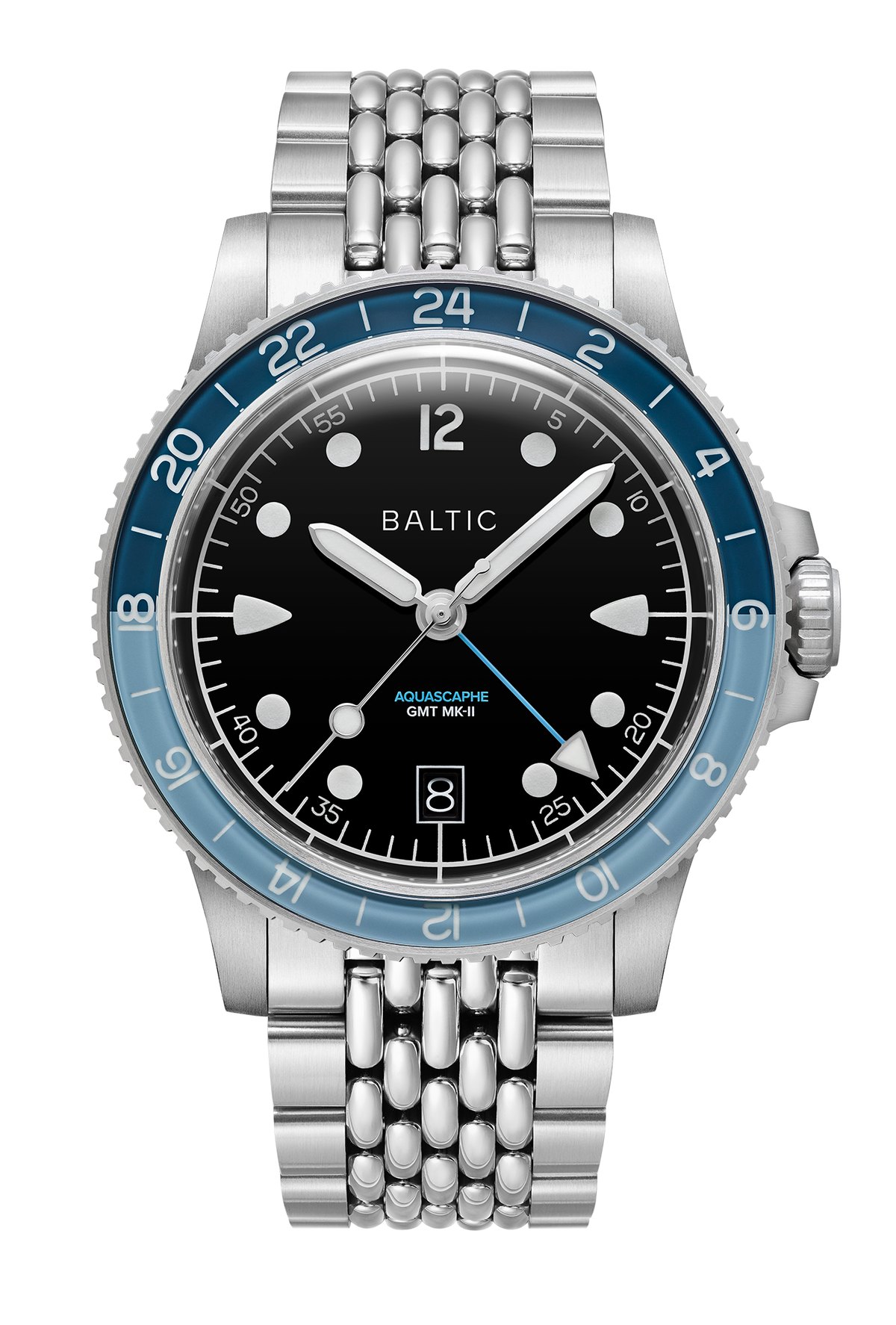 Baltic Aquascaphe GMT MK-II blue bezel glossy black dial on beads-of-rice steel bracelet official product photo