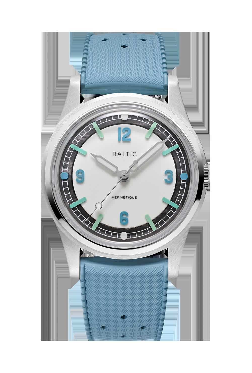 Baltic Hermétique The Rift 34 mm luminescent white dial on light blue vulcanised FKM rubber strap