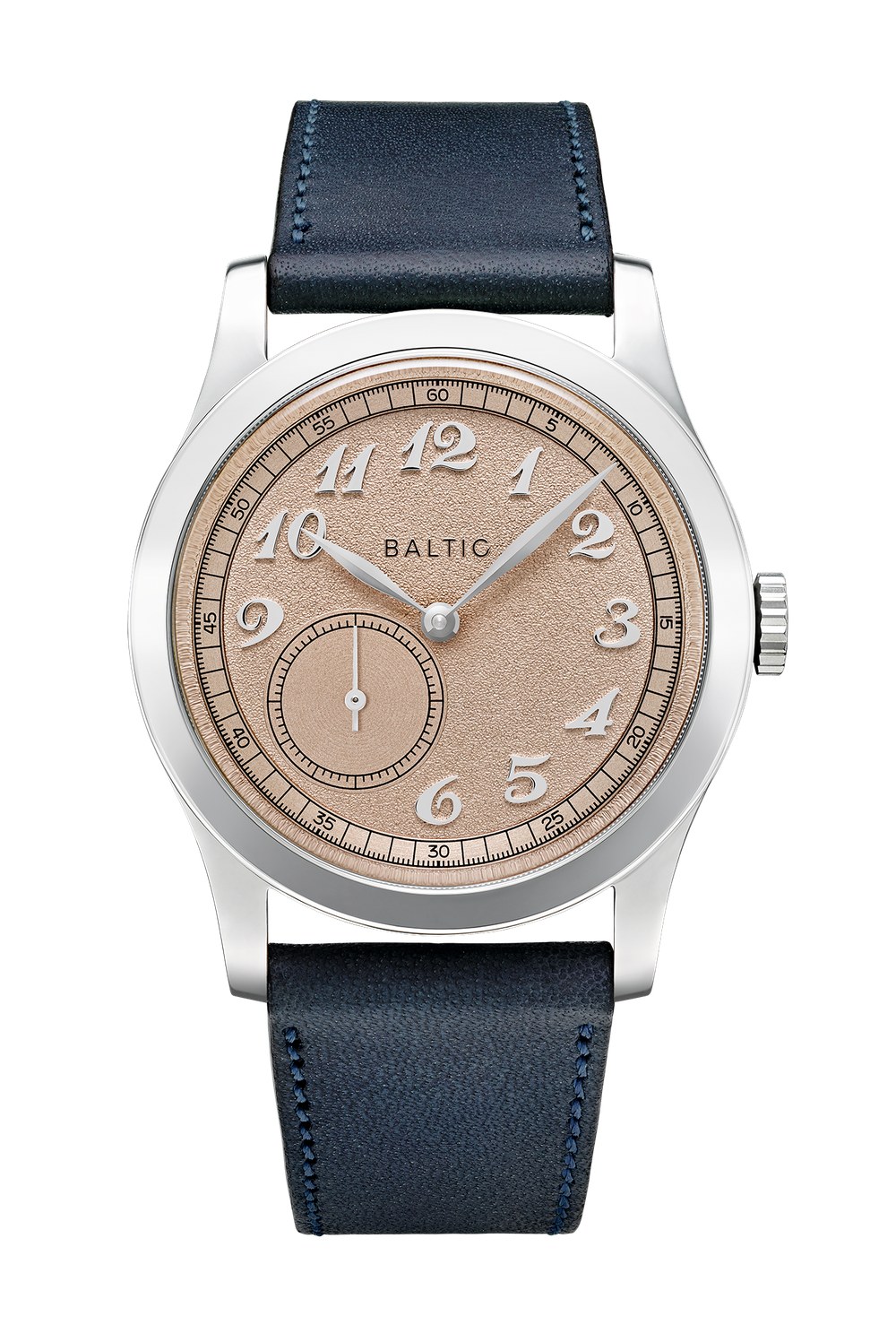 Baltic MR Classic 36 salmon dial on navy stitched leather