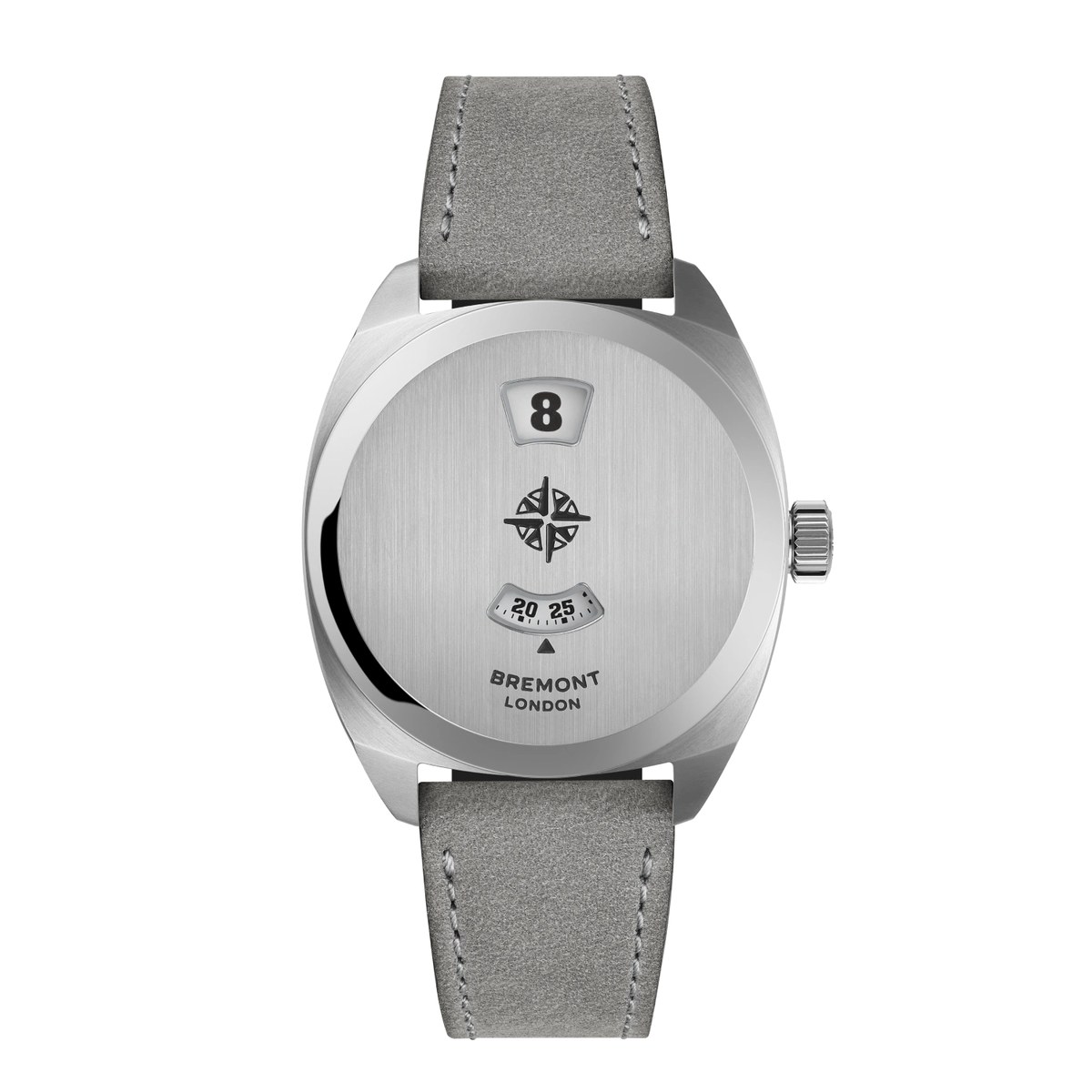 Bremont Terra Nova Jumping Hour 35 closed steel on grey leather — official product photo