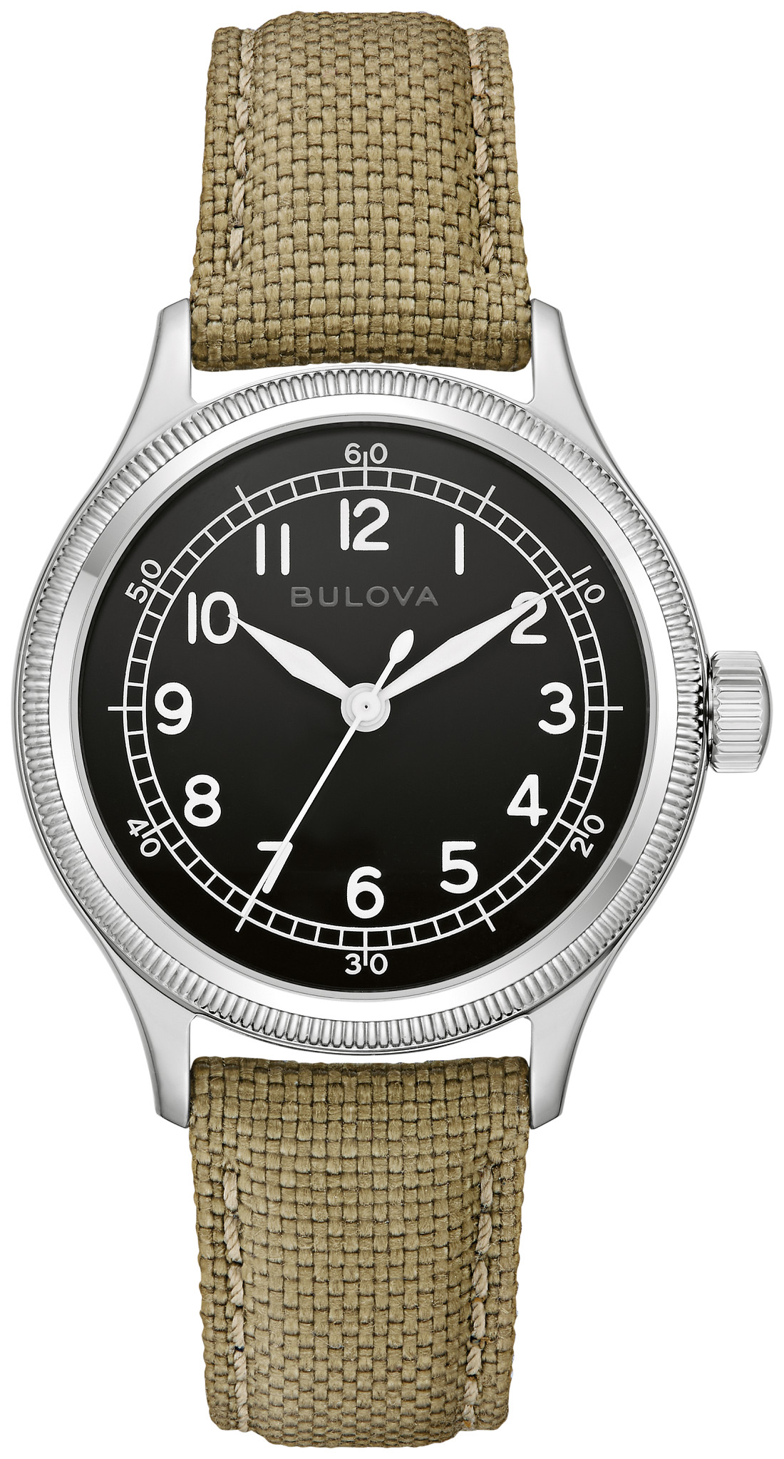 Bulova A-11 Jimmy 96A354 black dial on beige nylon strap