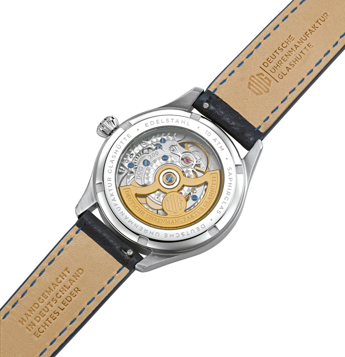 DUG Glashütte Purist 37 sapphire caseback showing DUG 200 movement official product photo