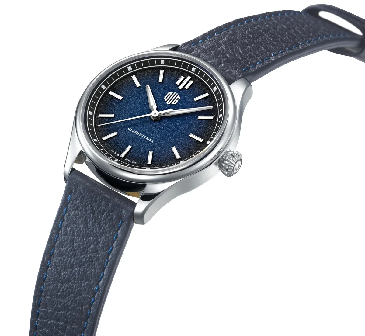 DUG Glashütte Purist 37 Typ 1 Royal Blue on blue leather official product photo