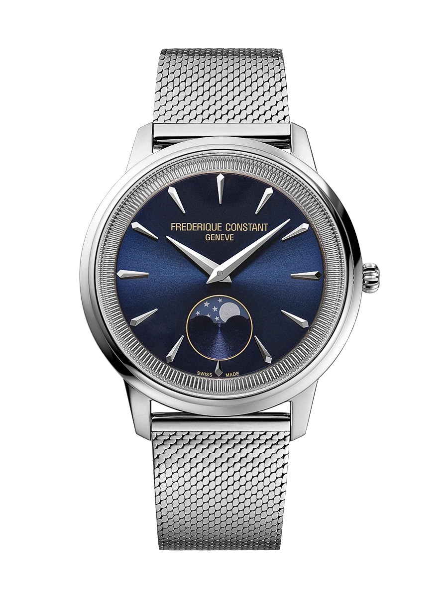 Frederique Constant Classics Moneta Moonphase 37 navy dial on Milanese — official product photo