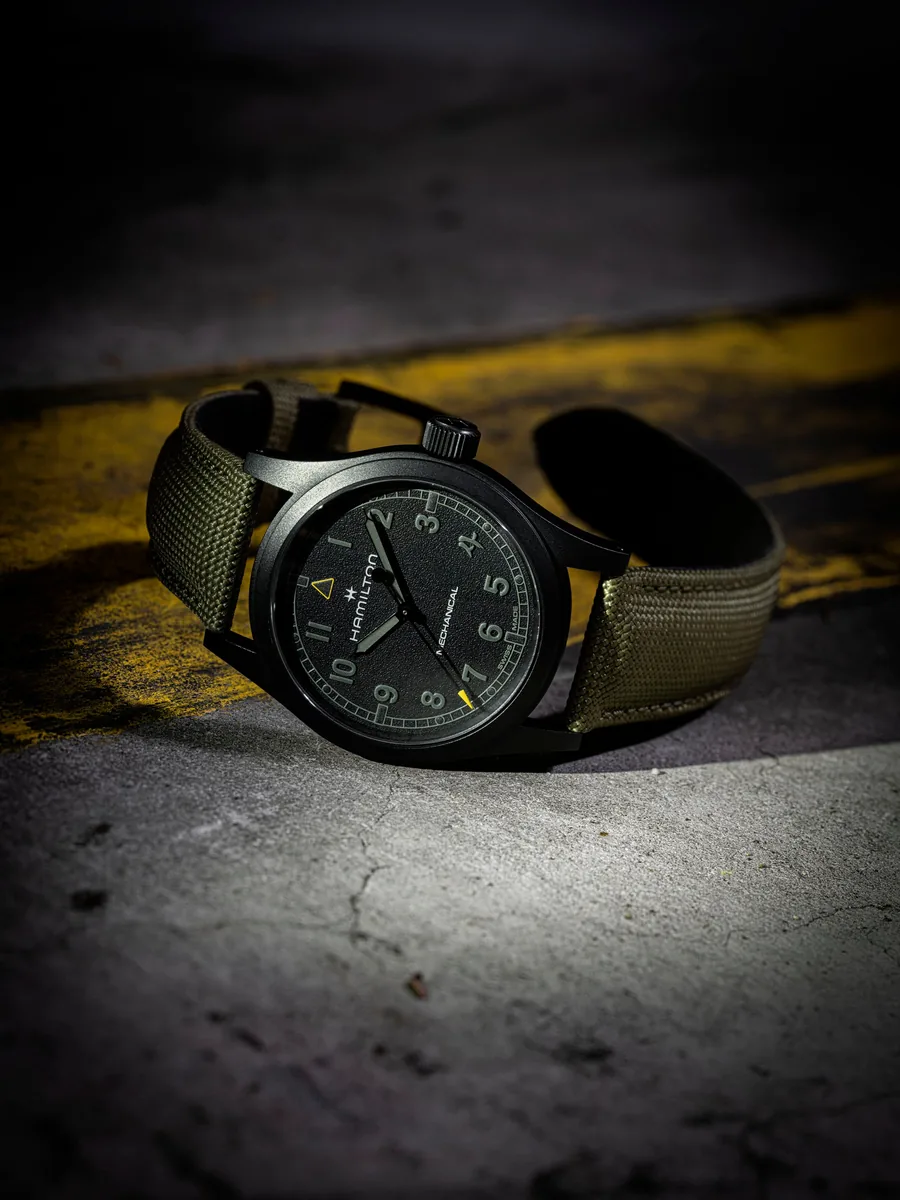 Hamilton Khaki Field Mechanical 38 COD H69469930 studio three-quarter official press photo
