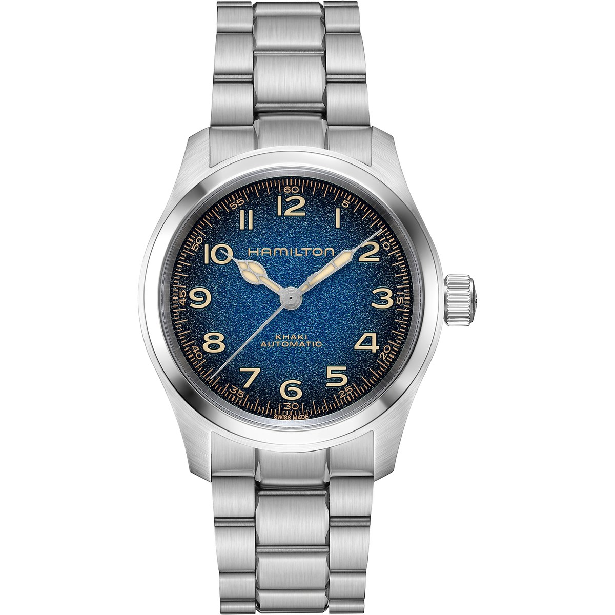 Hamilton Khaki Field Murph Auto 38 blue textured dial on steel bracelet — official product photo