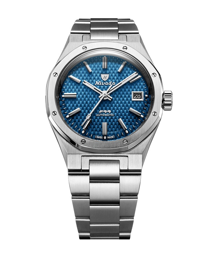 Nivada Grenchen F77 MK2 38 mm blue woven dial on integrated steel bracelet