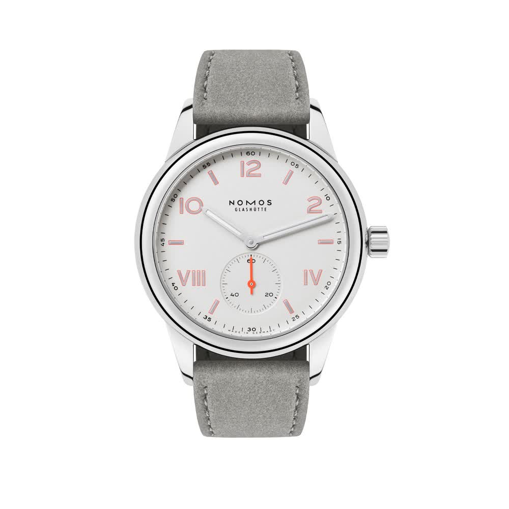 NOMOS Club Campus 708 white silver-plated dial on gray velour strap