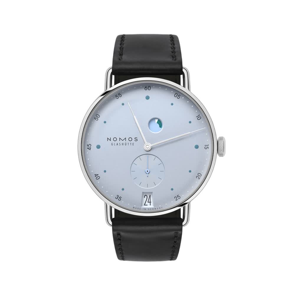 NOMOS Metro date power reserve ice blue 1121 on black Horween strap