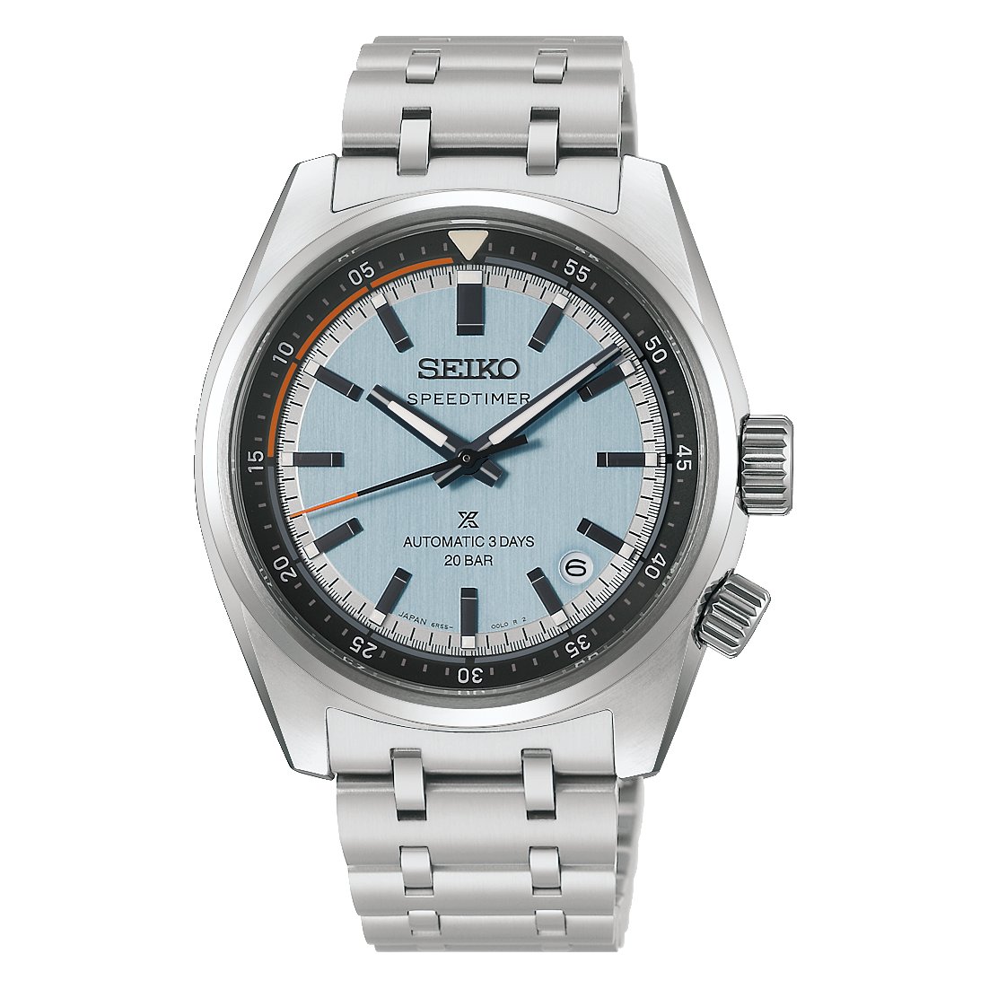 Seiko Prospex Speedtimer HBC003J1 official product photo — steel bracelet, light blue dial, orange accents