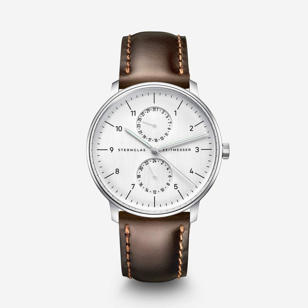 Sternglas Zirkel X silver dial on a dark brown leather strap