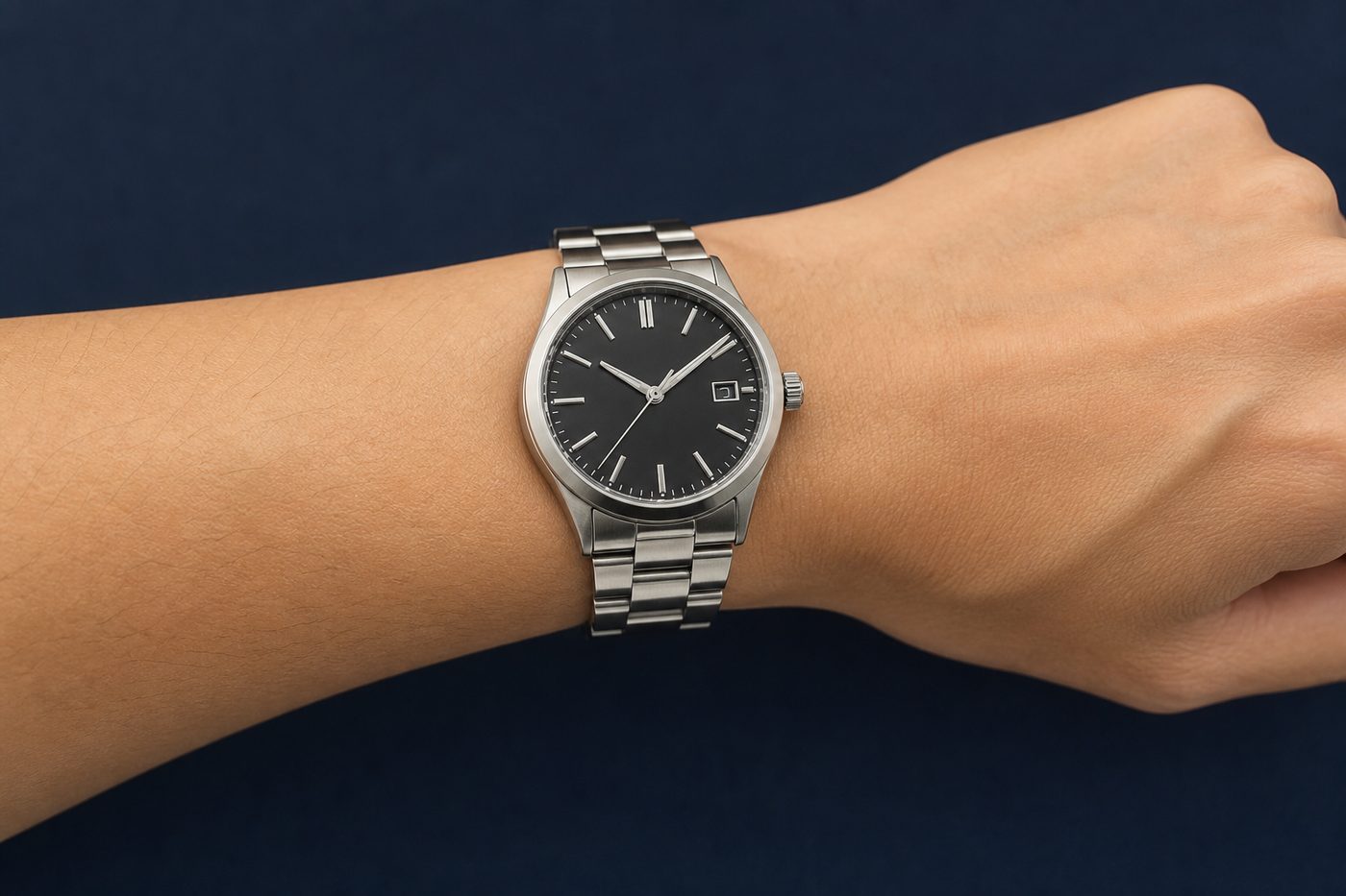 Steel watch with balanced proportions sitting on a human wrist